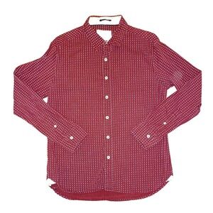 Level Ten Mens Modern Button Down Shirt‎ Burgundy Red Geometric Cotton Medium
